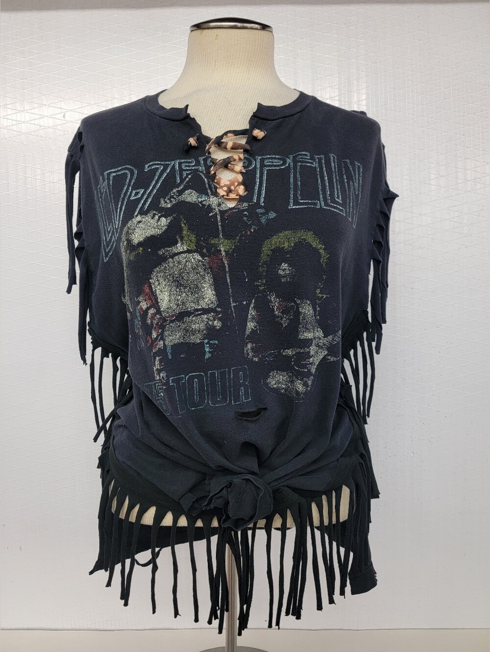Led Zeppelin 1975 Tour Lace-Up Fringe Tee Upcycled Vintage
